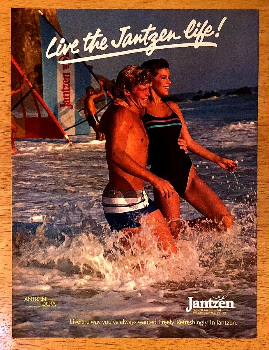 JANTZEN LYCRA SWIMWEAR FOR MEN AND WOMEN—VINTAGE 1984 MAGAZINE