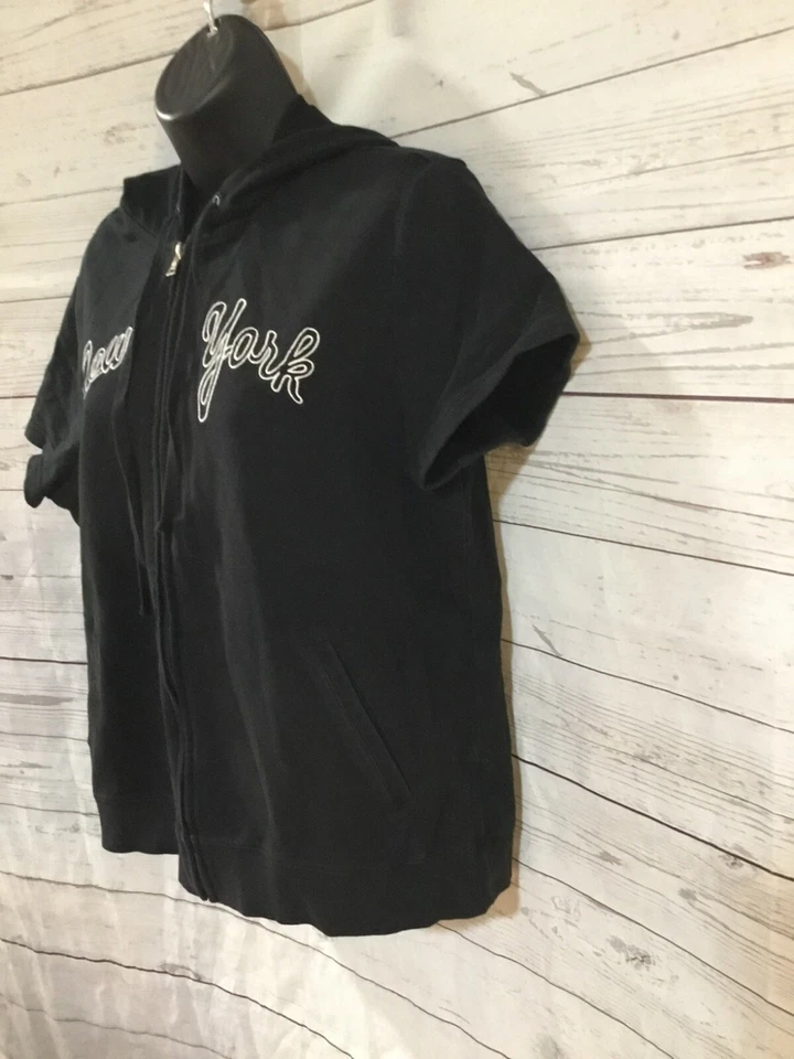 Chaleco NY&C Sport Para Mujer Negro Manga Corta Con Capucha Mezcla de Algodón Cremallera Completa Talla L   Foto 2 de 4