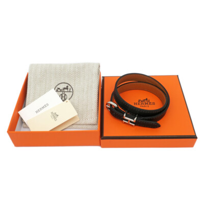 HERMES Wrap Bracelet Black Leather Silver Hardware H Motif Size T5