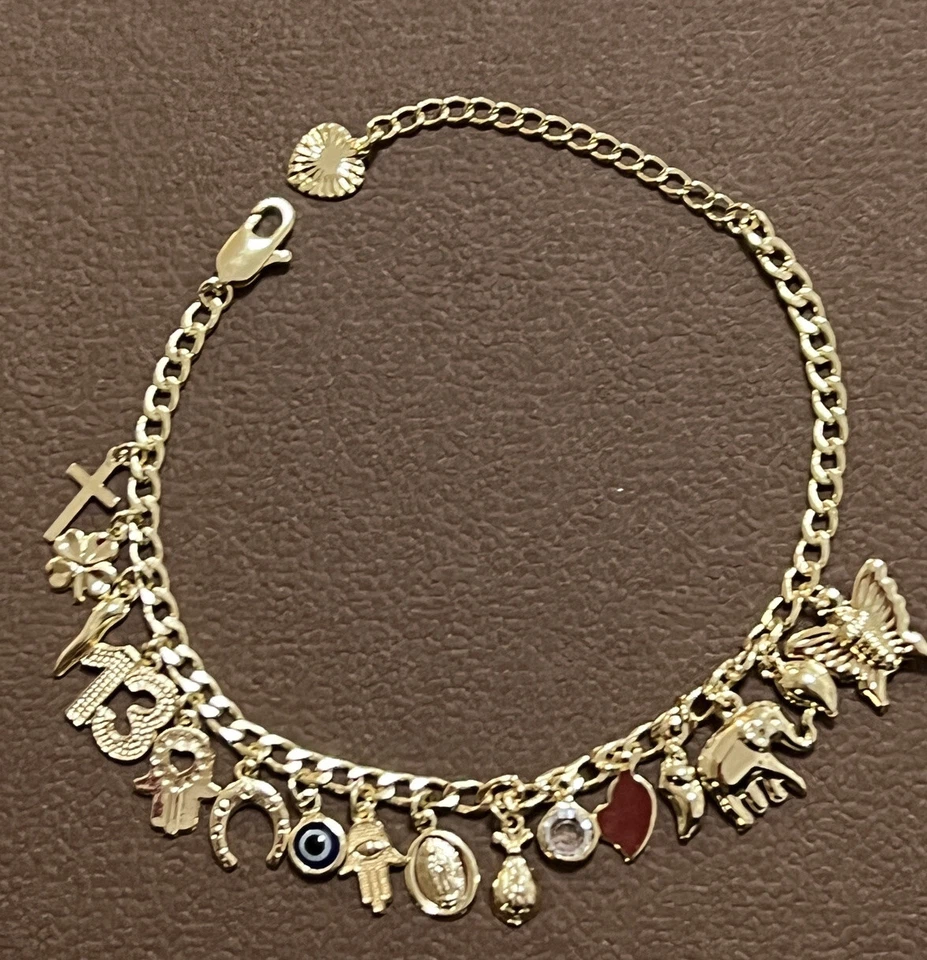 Pulseras con dije, amuletos de la suerte de oro de 14 quilates, 13, trébol, mariposa, cuerno italiano, dinero Foto 3 de 4