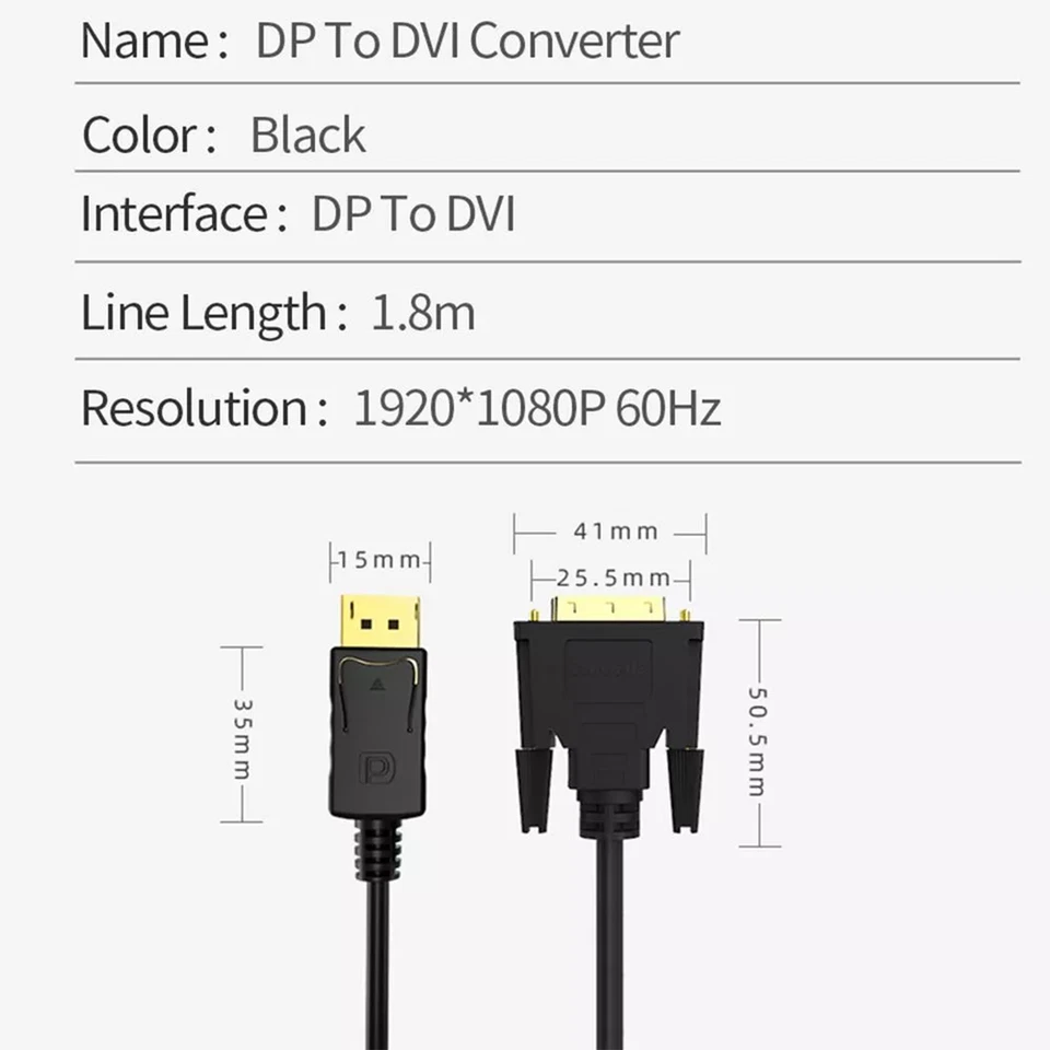 M43 DisplayPort auf DVI Kabel 1,8m 1080P DP zu DVI Konverter für Monitor NEU DE - Bild 3 von 4
