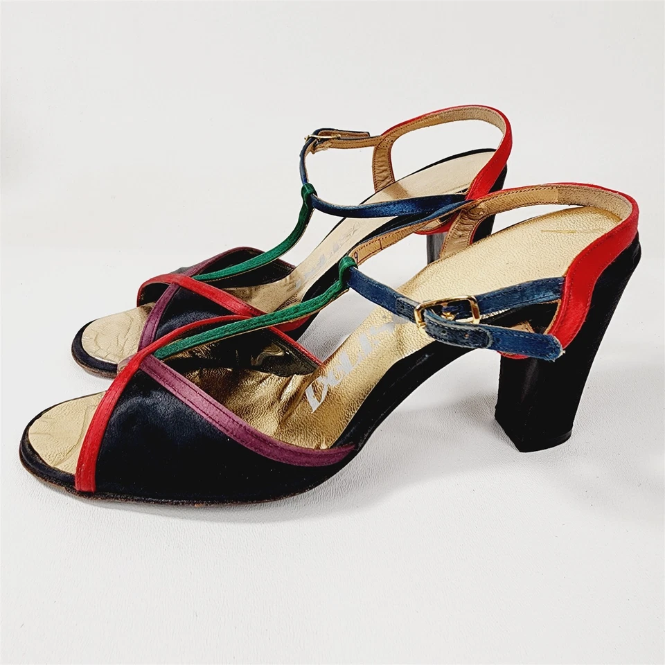 Sandalias DeLiso De Colección Punta Abierta Bloques de Color Tirantes Tacones Bloque Talla 7 Foto 3 de 4