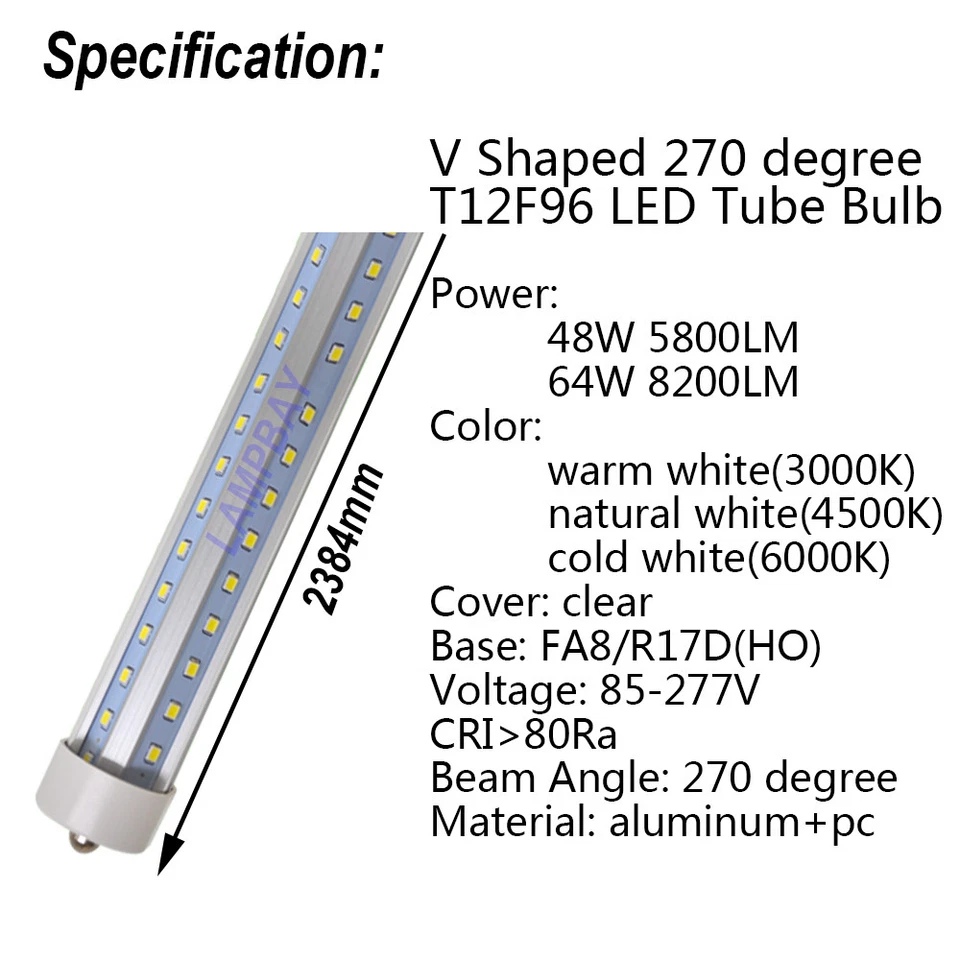 V Shape LED Tube Lights 8 feet FA8 R17D HO Bulb 270 Angle F96 Super Bright Lamp - Image 3 of 3