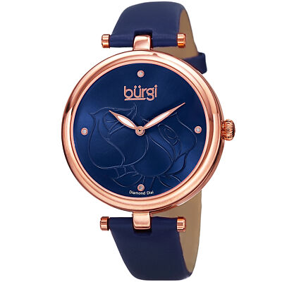 Women's Burgi BUR151BU Flower Engraved Diamond Dial Genuine Leather Strap Watch