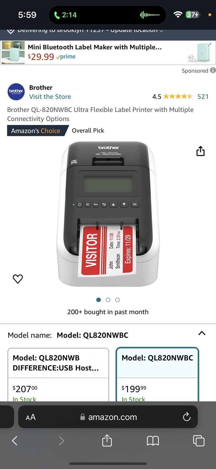 Brother QL820NWB Direct Thermal Label Printer White/Black 12502647485