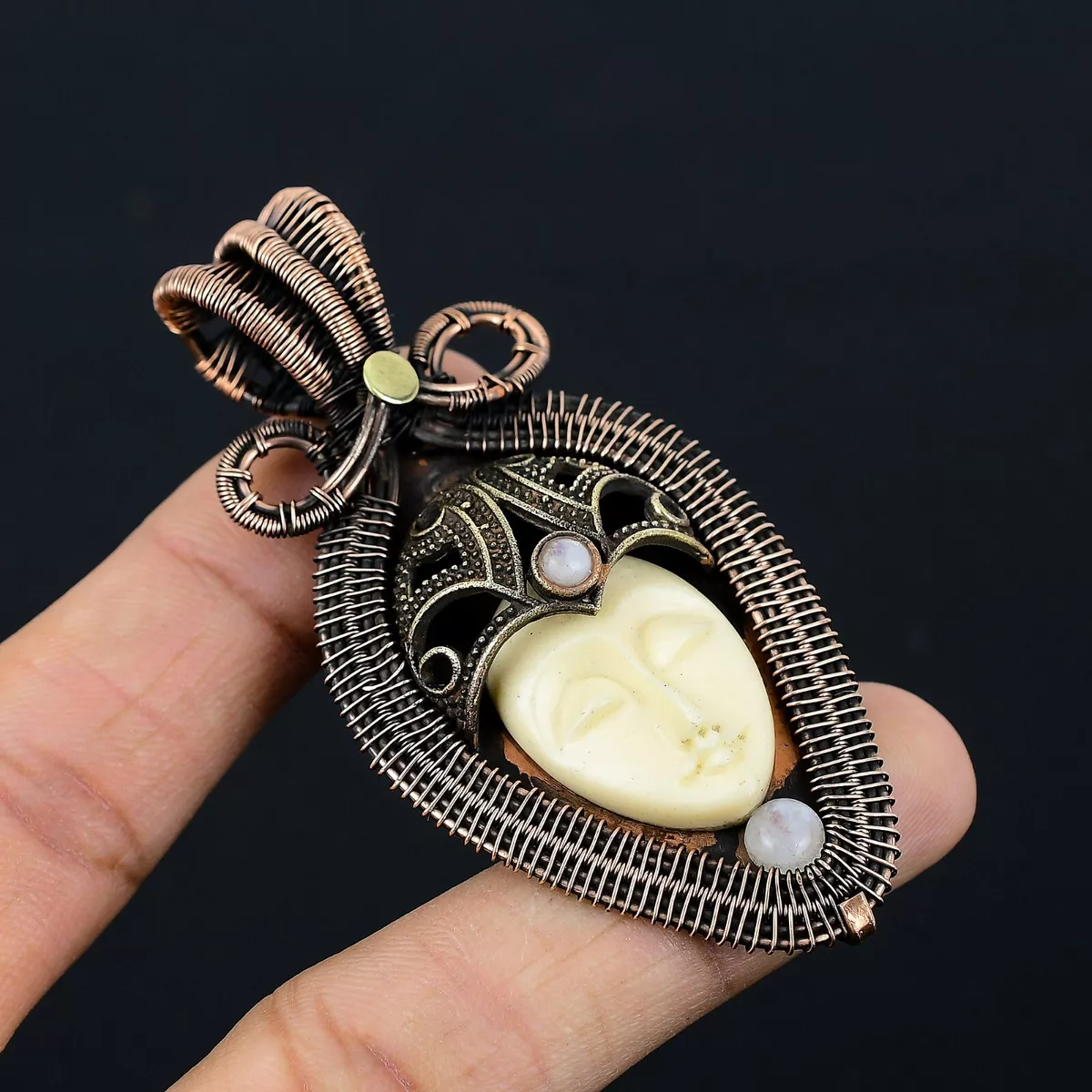 White Carved Face Gemstone Copper Wire Wrap Handmade Pendant