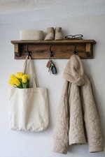 Rustic Reclaimed Wood Coat Rack with Shelf, Handmade Wall Mounted Hook Rail