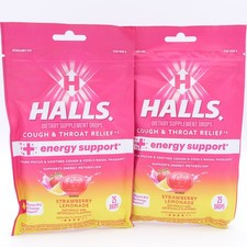 HALLS Cough  Throat Relief  Energy Support Drops Strawberry Lemonade 50 Ct