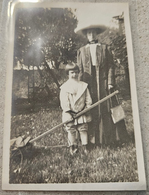 Antique Creepy Snapshot Photo Child Woman Garden Odd Folk Art Vernacular 2x3