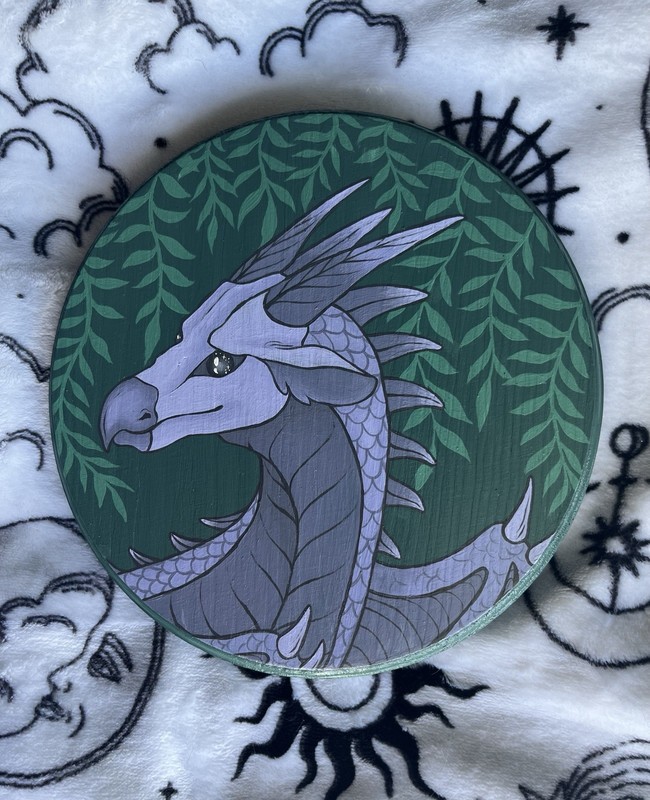 Hand Painted Purple Dragon Acrylic Painting On A Round Wood Panel Wall Art