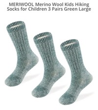 Meriwool Merino Wool Kids Crew Hiking Socks 3 Pairs Green Large