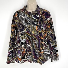 Chico s Womens Zip Front Corduroy Jacket XL/3 Paisley Floral Black Purple Brown