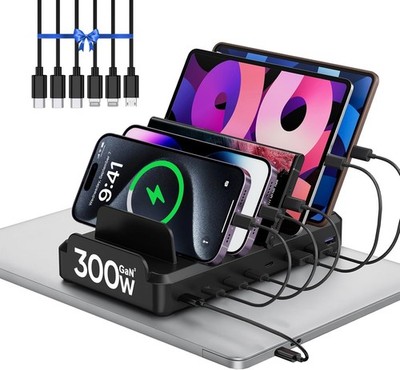 300W Charging Station for Multiple Devices, 8 Port Multi USB C Fast Charger S...