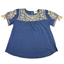 Savanna Jane Women's Shirt Large Western Short Sleeve T-Shirt Embroidered Tassle