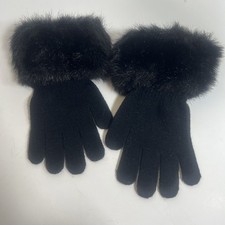 Women  s Black Knit Stretch Gloves W/ Black Faux Fur Cuffs.  One Size