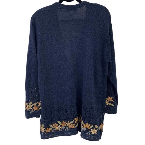 Vintage JH Collectibles Navy Tan Floral Knit Cardigan Medium  - Picture 4 of 5