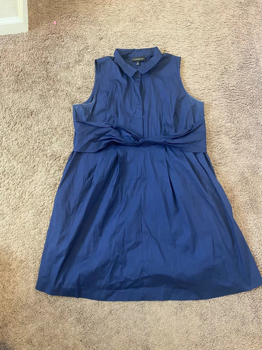 Lane Bryant Navy Blue Knot Front Shirt Dress Knew Length Sleeveless Poplin 24