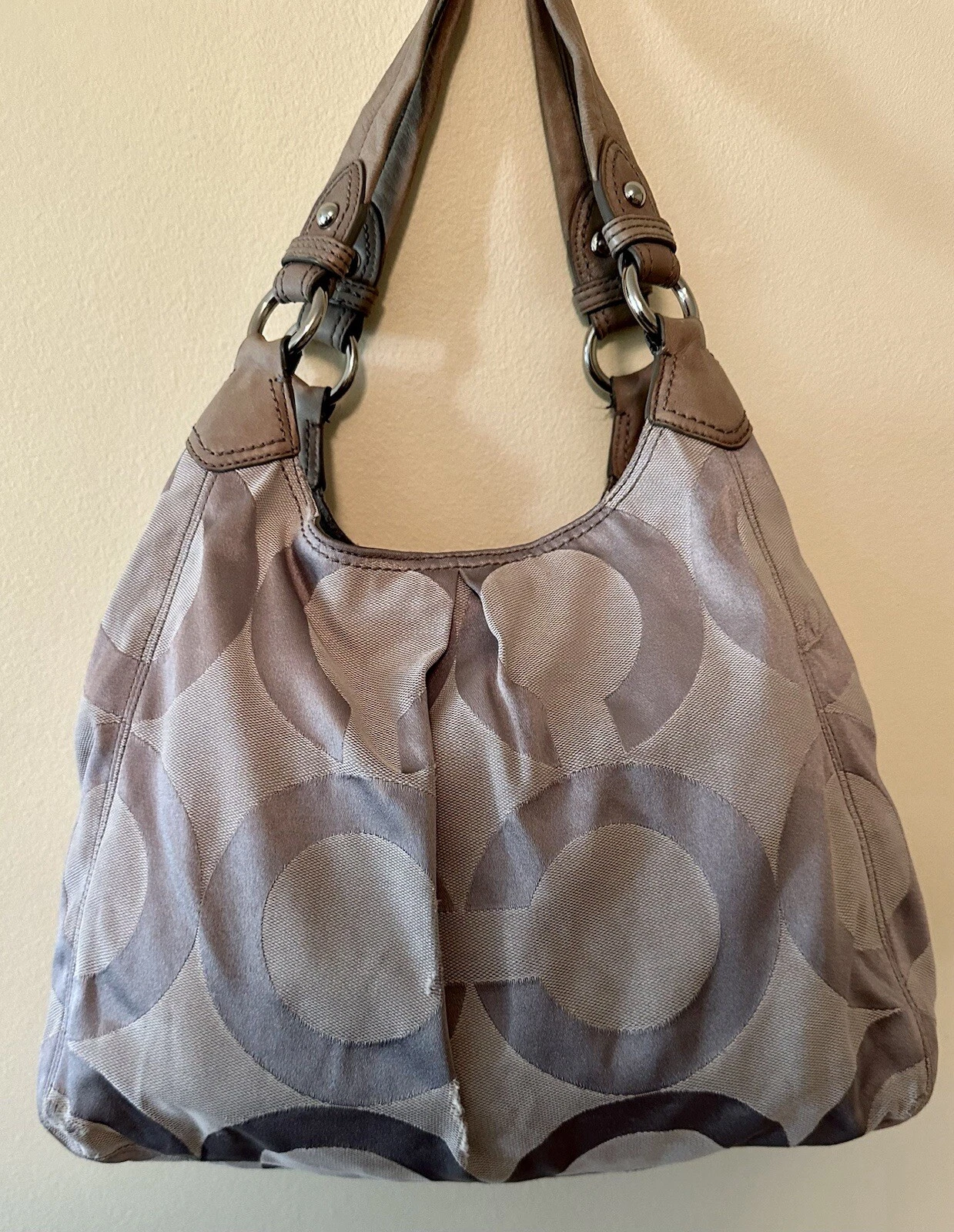 Borsa Coach Op Art Maggie argento grigio tela e pelle stile hobo #13894 Boho