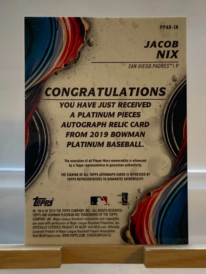 2019 Bowman Platinum Jersey Auto Autograph Relics #PPAR-JN Jacob Nix /99 1533 - Image 2 of 2