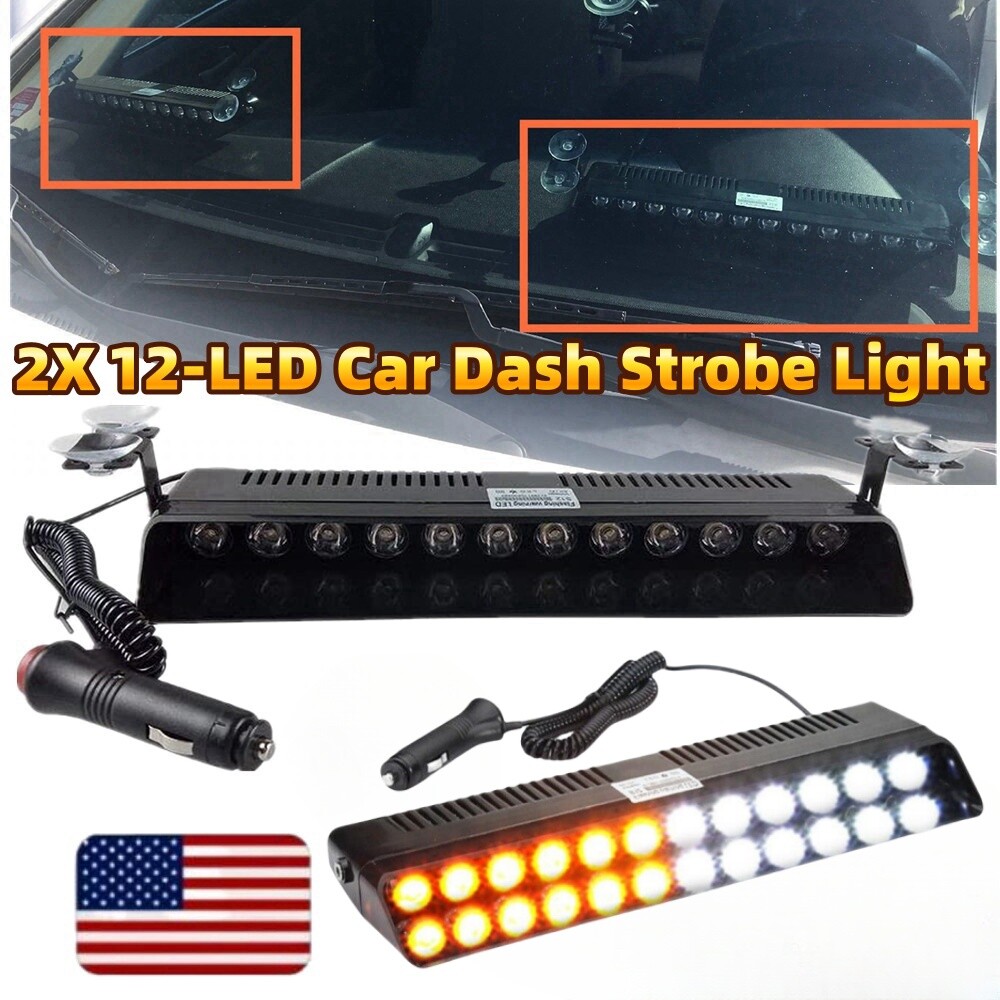 2Pc Amber White 12 LED CAR Windshield Strobe Light Emergency Flash Warning Lamps