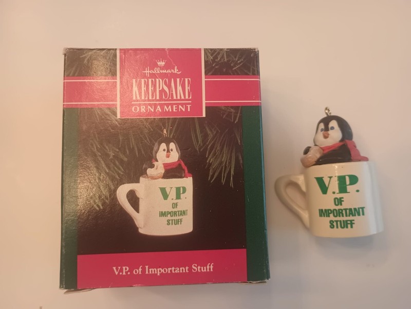 Vintage Hallmark Christmas Ornament 1992 VP of Important Stuff Penguin CoffeeCup
