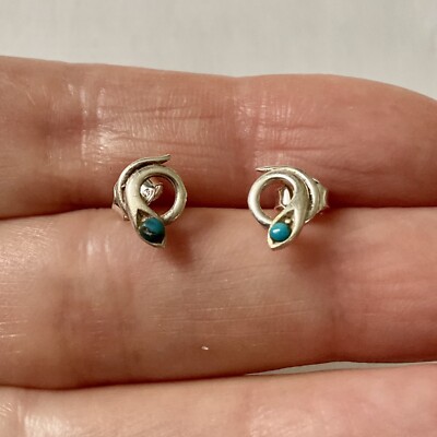 Boucles D'oreilles Anciennes Serpent Turquoise En Argent Massif Ciselé - Occasion