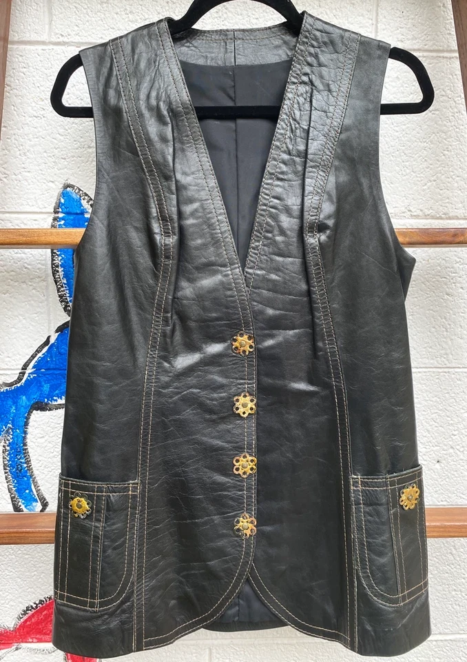 Traje Pantalón Vintage Cuero Negro Años 70 Talla 12 Negro Cuero Groovy Pantalón Traje Foto 3 de 4