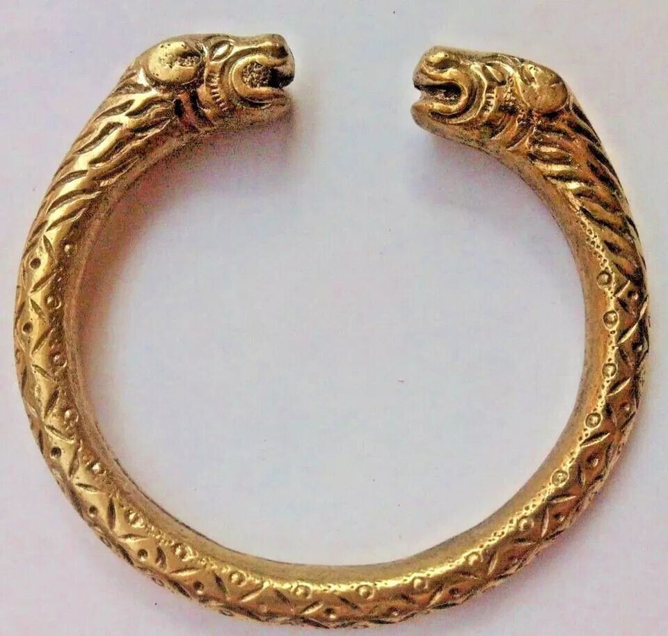 Real Seed Golden Heavy Brass Lion Face Bangle Cuff Kada for