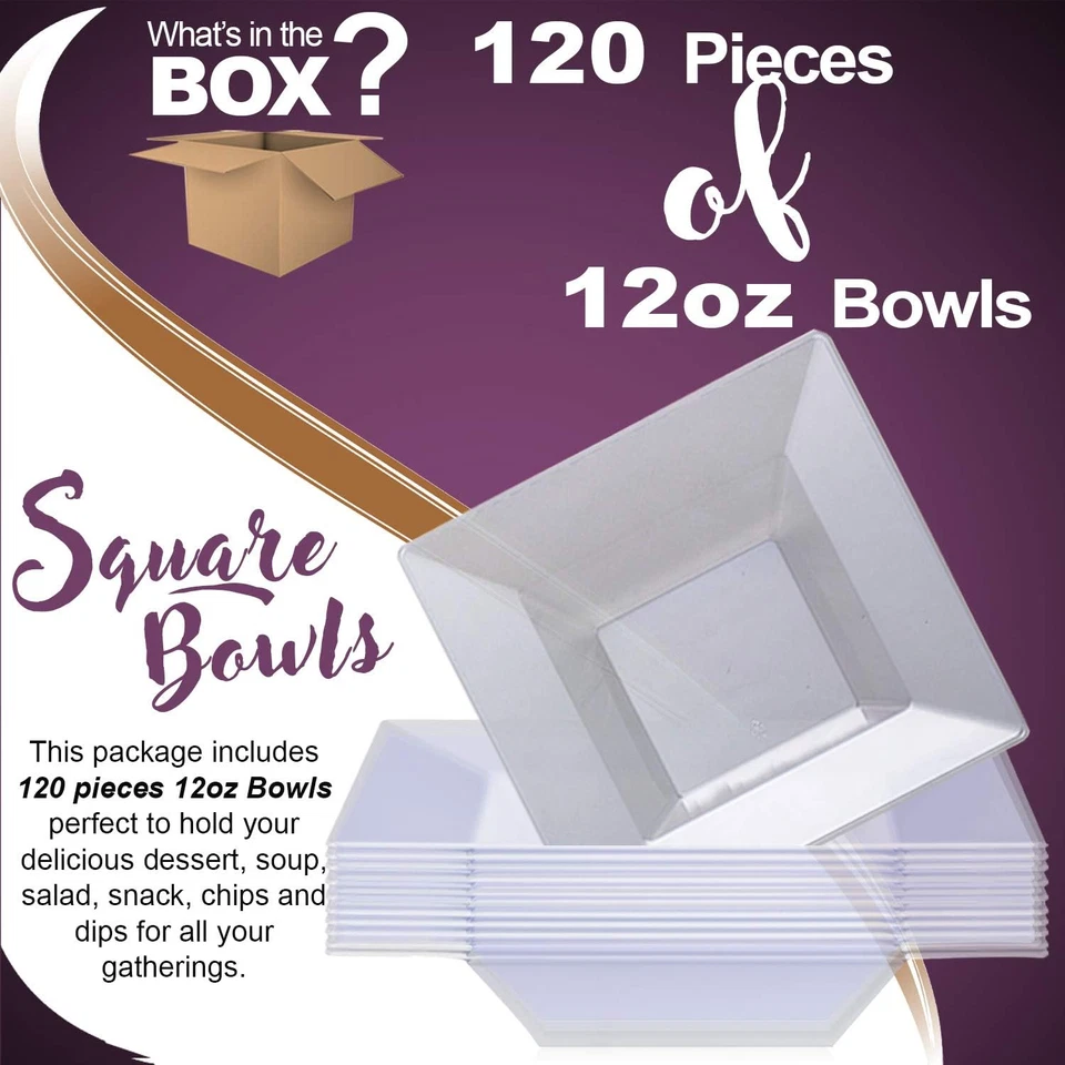 Elegant Disposable Plastic Bowls 120 Pcs - 12 Oz Heavy Duty Fancy Square Clear S - Image 4 of 4