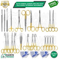 82 Pcs General Surgery Spay Pack W/Gold Handle Veterinary Instruments German Gr