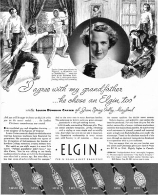Elgin Art Deco Watches FENCING Louisa Bowdoin Carter Maryland Debutante 1936 Ad