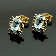 9ct Yellow Gold Blue Topaz Stud Earrings - Leatherette Boxed-Made in the UK