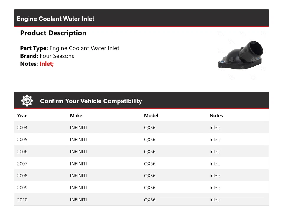 Entrada de agua refrigerante motor Infiniti QX56 2004-2010 4 estaciones 2005 2006 2007 Foto 2 de 4