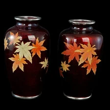 Pair of Mid Century Ando Sato Japanese Cloisonné Maple Leaf Vases