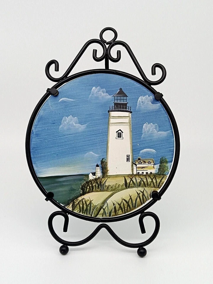 Cuadro de vidrio faro pintado a mano marco de metal negro caballete decoración náutica Foto 3 de 4