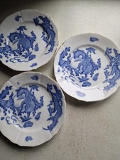 Three Vintage English Coalport Blue Dragon plates, decorative flow blue plate