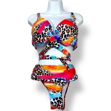 EUC Colorful Leopard Print Women's 2 Piece Swimsuit Strappy Bikini Fits M/L