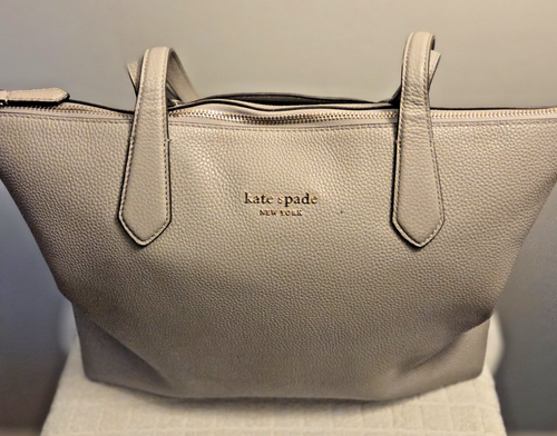 Kate Spade Pebbled Leather Grey Large Tote Bag Beige Liner - Picture 1 of 5