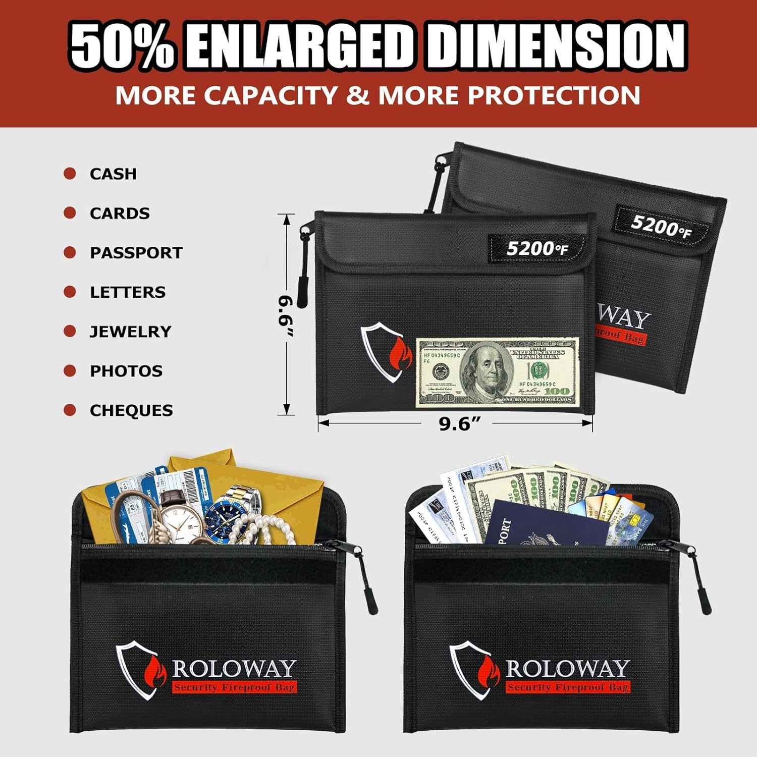 5200°F Fireproof Money & Document Bag 2-Pack – Upgraded Heat & Water Resistance