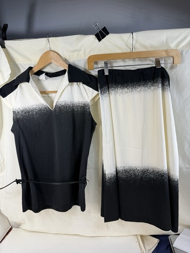 Vtg 70s Black & White Ombre Stipple Print Skirt Set Top & Midi Skirt Retro 2pc
