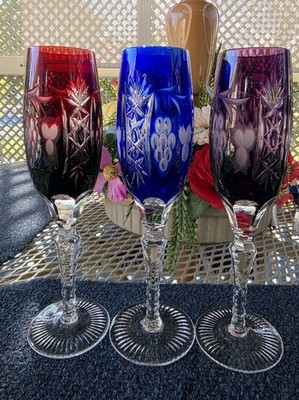 Bohemian Cut To Clear Crystal Champagne Flutes Red, Blue, Purple Ajka Set Of 3
