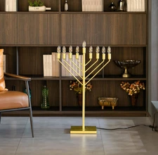Large Modern Antique Gold Nine Branch Electric Chabad Style Hanukkah Menorah wit