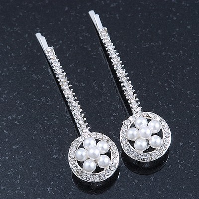 2 Braut/Abschlussball Kristall, simulierte Perle ''Blume im Kreis'' Haargriffe/