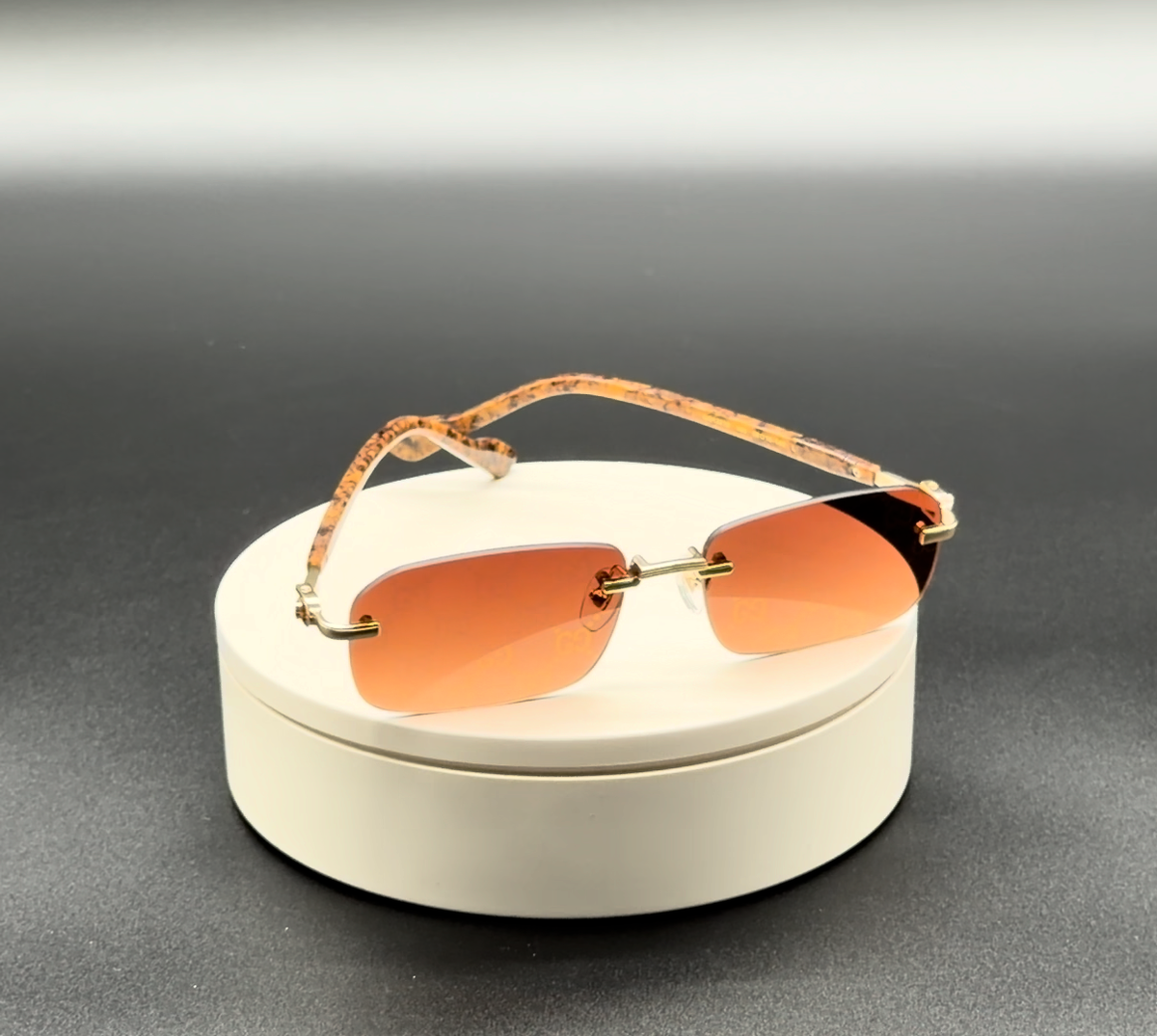 Gucci GG1221S 004 Rimless Sunglasses Brown Marble Gold Mirror Lens