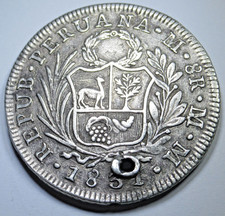 1831 Holed Peru Silver 8 Reales Genuine Antique 1800's Peruvian Dollar 8R Coin