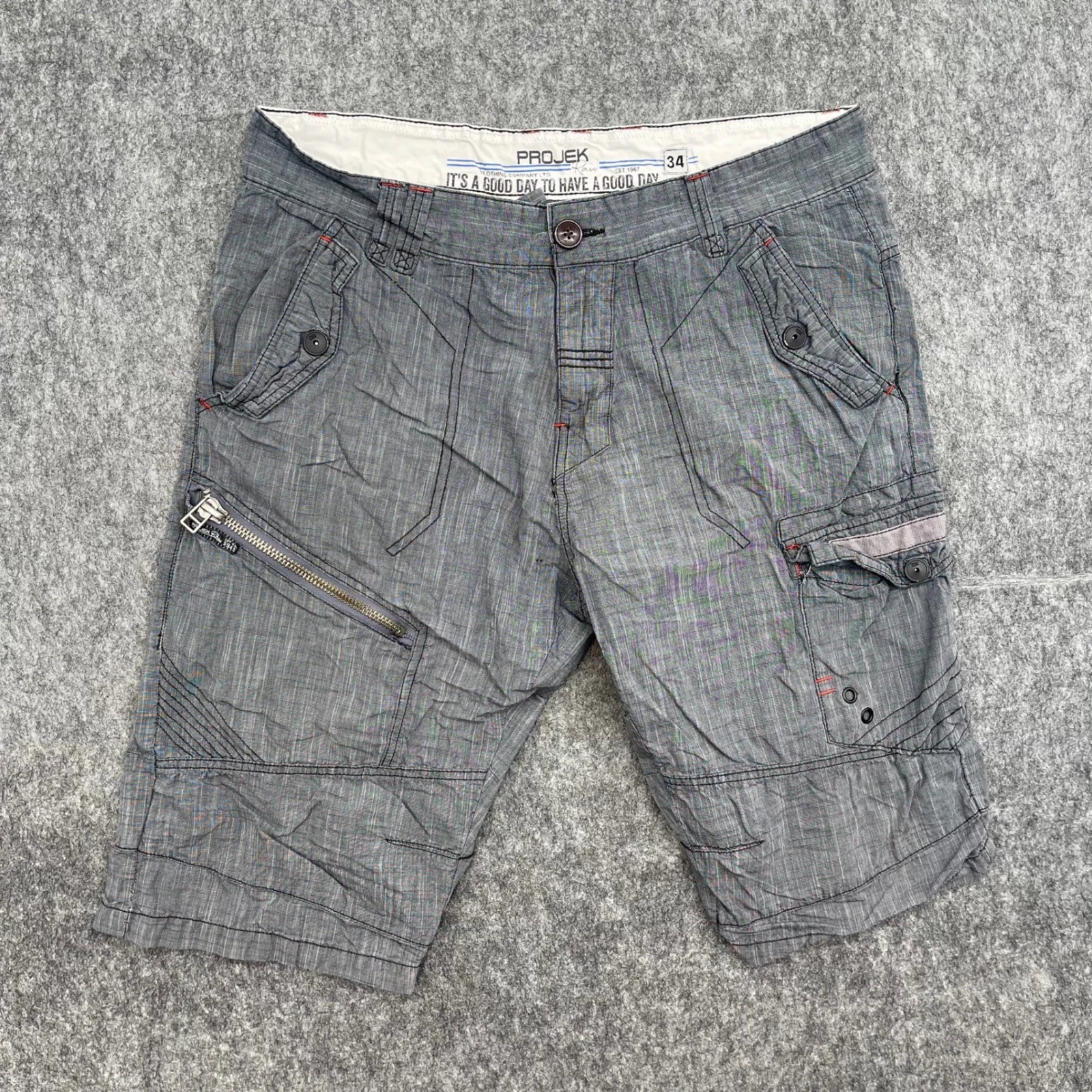 Projek Raw Cargo Shorts Mens 32 Grey Moto Utility Pockets Textured Slub