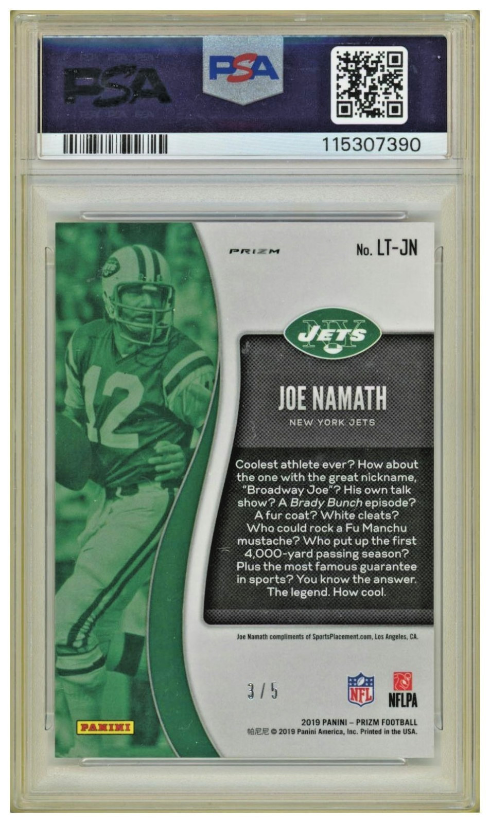 2019 Panini Prizm Joe Namath Gold Vinyl #LT-JN PSA 10 New York Jets /5 view 2