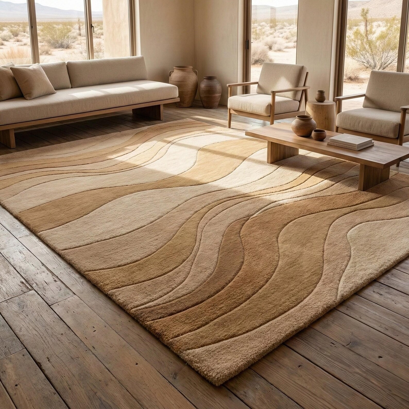 Minimalist Abstract Wave Rug – Japandi Hand-Tufted Wool Area Carpet in Neutral