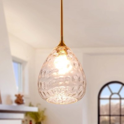Transparent Clear Hammered Glass Pendant Light with Brass Gold Accent, Adjust...