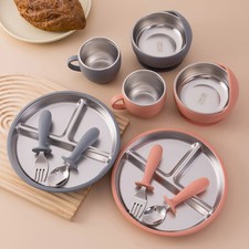 5PCS Stainless Steel Dishes Plate Baby Feeding Set Silicone Sucker Bowl Cup